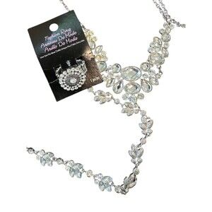 Bridal/Prom Jewelry Lot - 2 Rhinestone Necklaces And 1 Stretch Ring Silver Tone